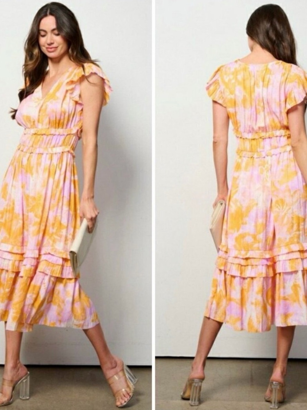 Current Air Pink & Yellow Floral Maxi Dress with Ruffles